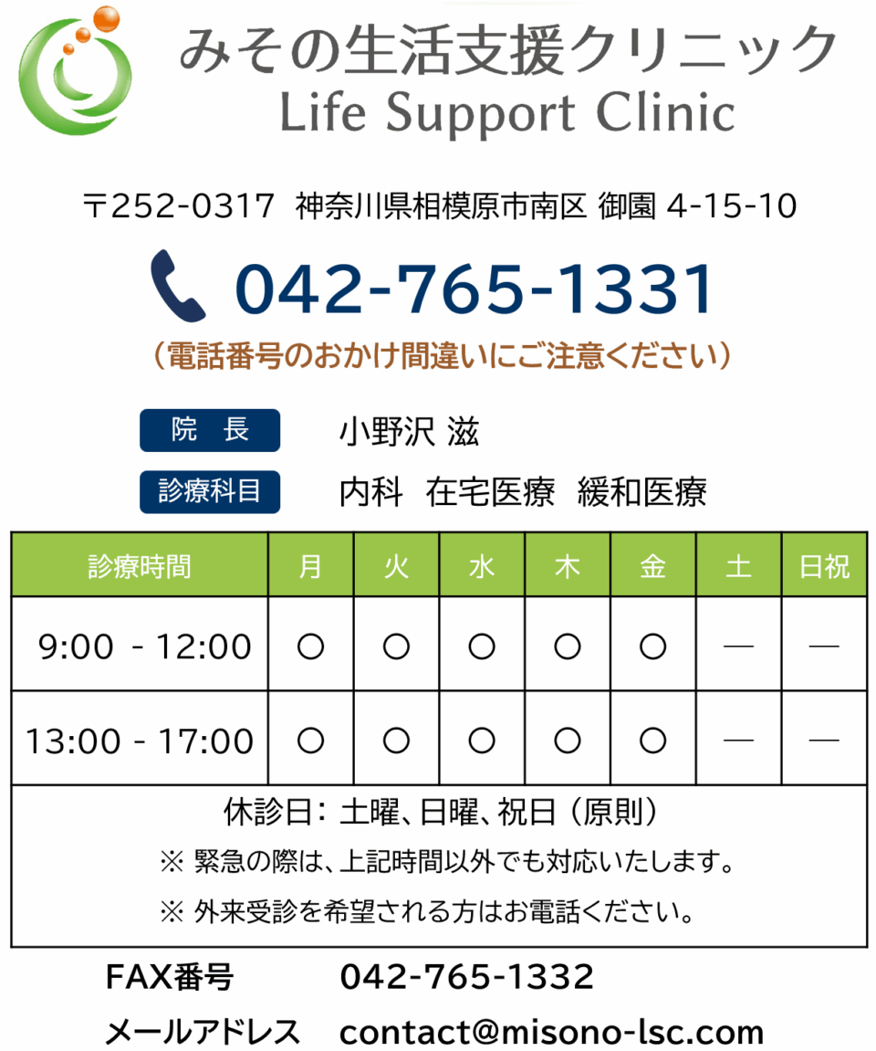 みその生活支援クリニックのフッター画像。〒252-0317 神奈川県相模原市南区御園4-15-10。院長：小野沢滋。診療科目：内科、在宅医療、緩和医療。電話：042-765-1331（おかけ間違いにご注意ください）、FAX：042-765-1332。メール：contact@misono-lsc.com。